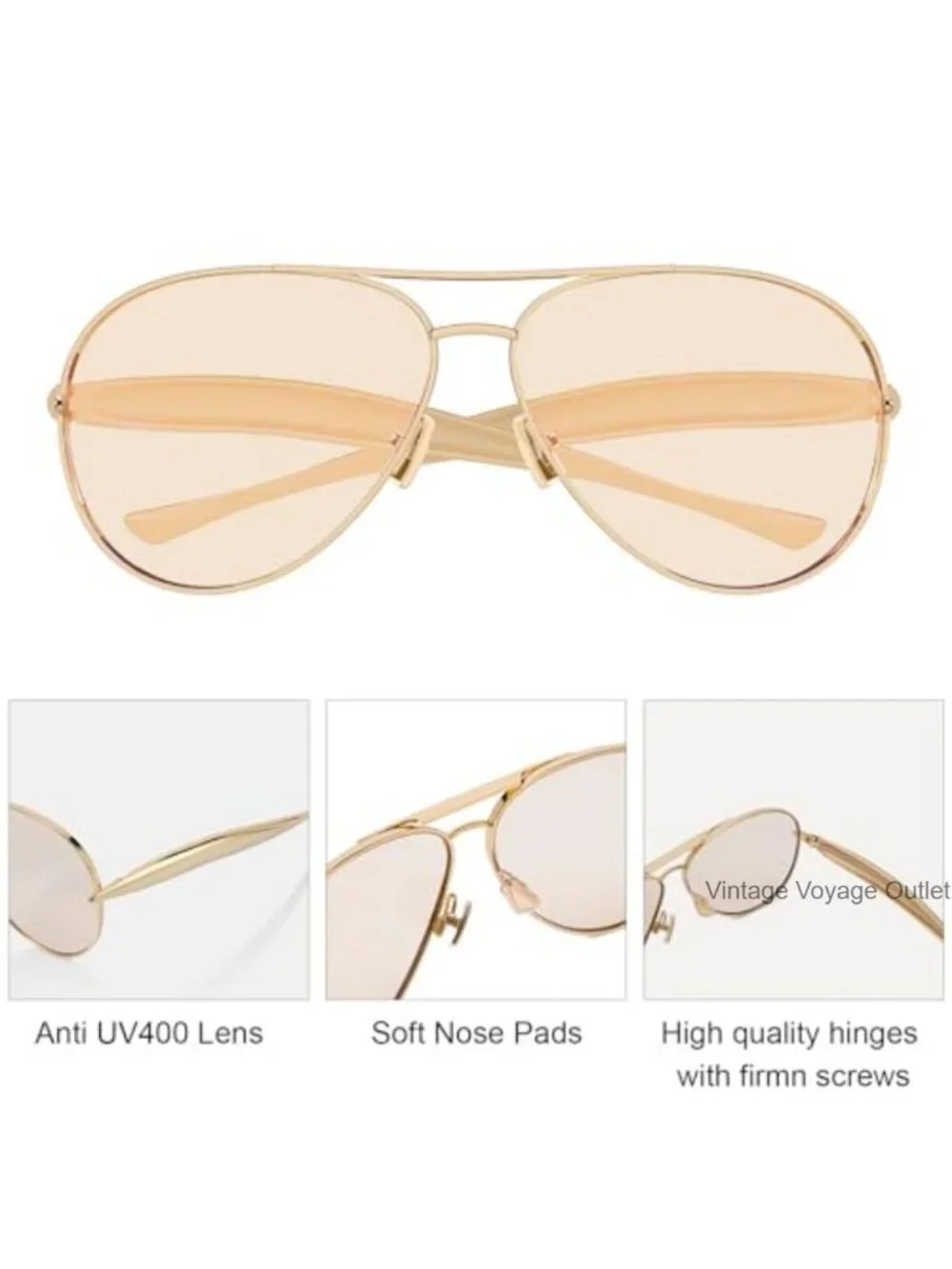 Oversized Aviator Sunglasses Women 70s Retro Gold Metal Frame Polarized UV400